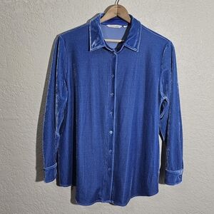 Soft Surroundings Solid Blue Velvet Button Down Shirt